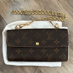 Louis Vuitton Dark Brown Monogram Clutch/wallet with Gold Chain